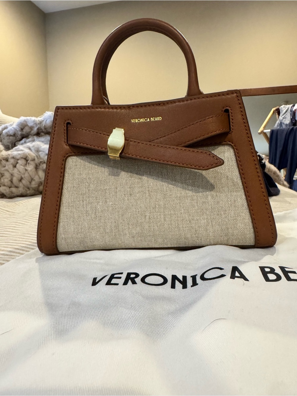 Veronica Beard Tan Leather & Cream Canvas Satchel with Gold Accent - Picture 5 of 10